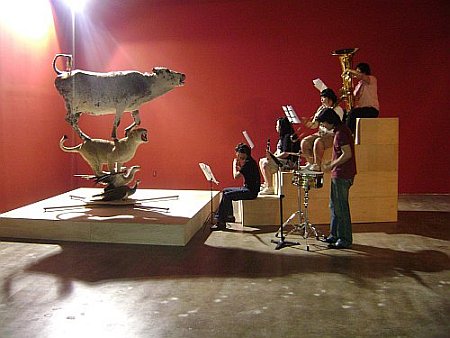 Installation view, 2008 Gwangju Biennale. Moo, roar, chee-ow, yeeoh. Taxidermied animals, original composition for 